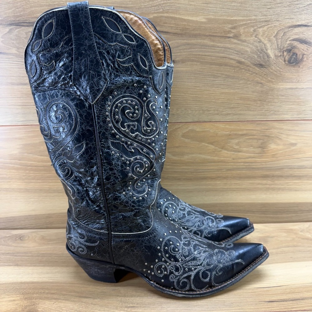 JOHNNY RINGO Studded Embroidered Western Boots 8 B Black Leather Concert Rodeo